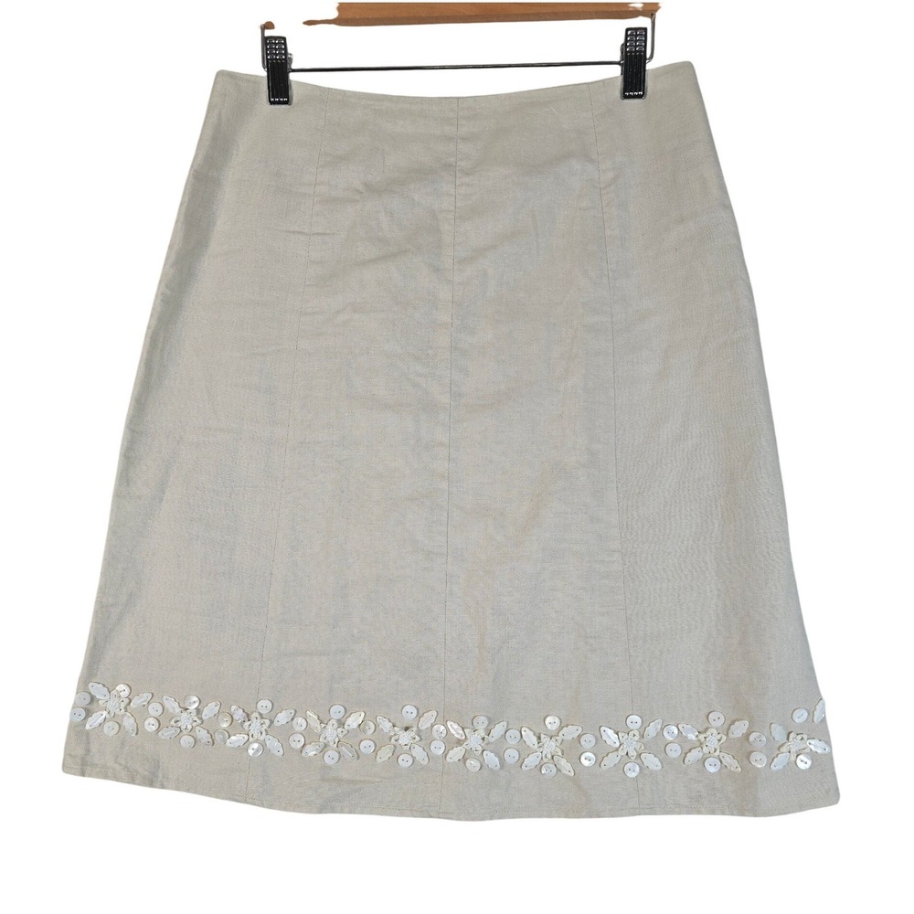 Willi Smith Linen Cotton Blend Skirt Size 8 Tan Beige Floral Button Embellished
